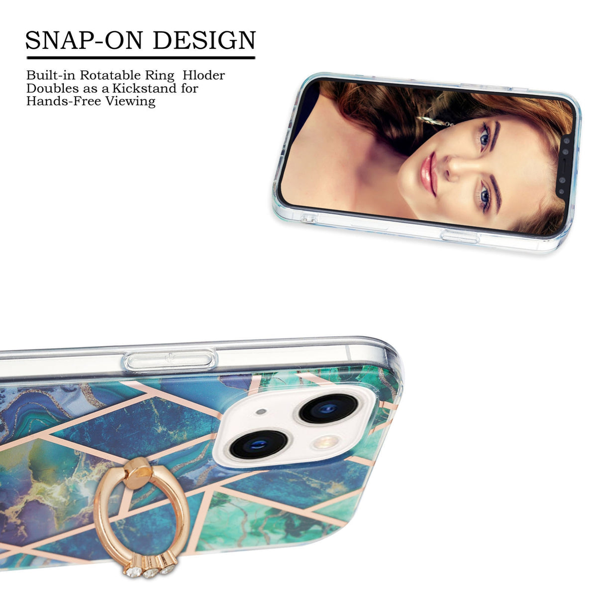 ELECTROPRIME For iPhone 15 Electroplating Splicing Marble Pattern IMD TPU Shockproof Case with Ring Holder(Blue Green)