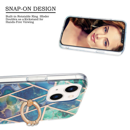 ELECTROPRIME For iPhone 15 Electroplating Splicing Marble Pattern IMD TPU Shockproof Case with Ring Holder(Blue Green)