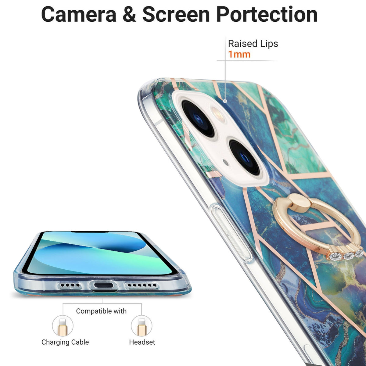 ELECTROPRIME For iPhone 15 Electroplating Splicing Marble Pattern IMD TPU Shockproof Case with Ring Holder(Blue Green)