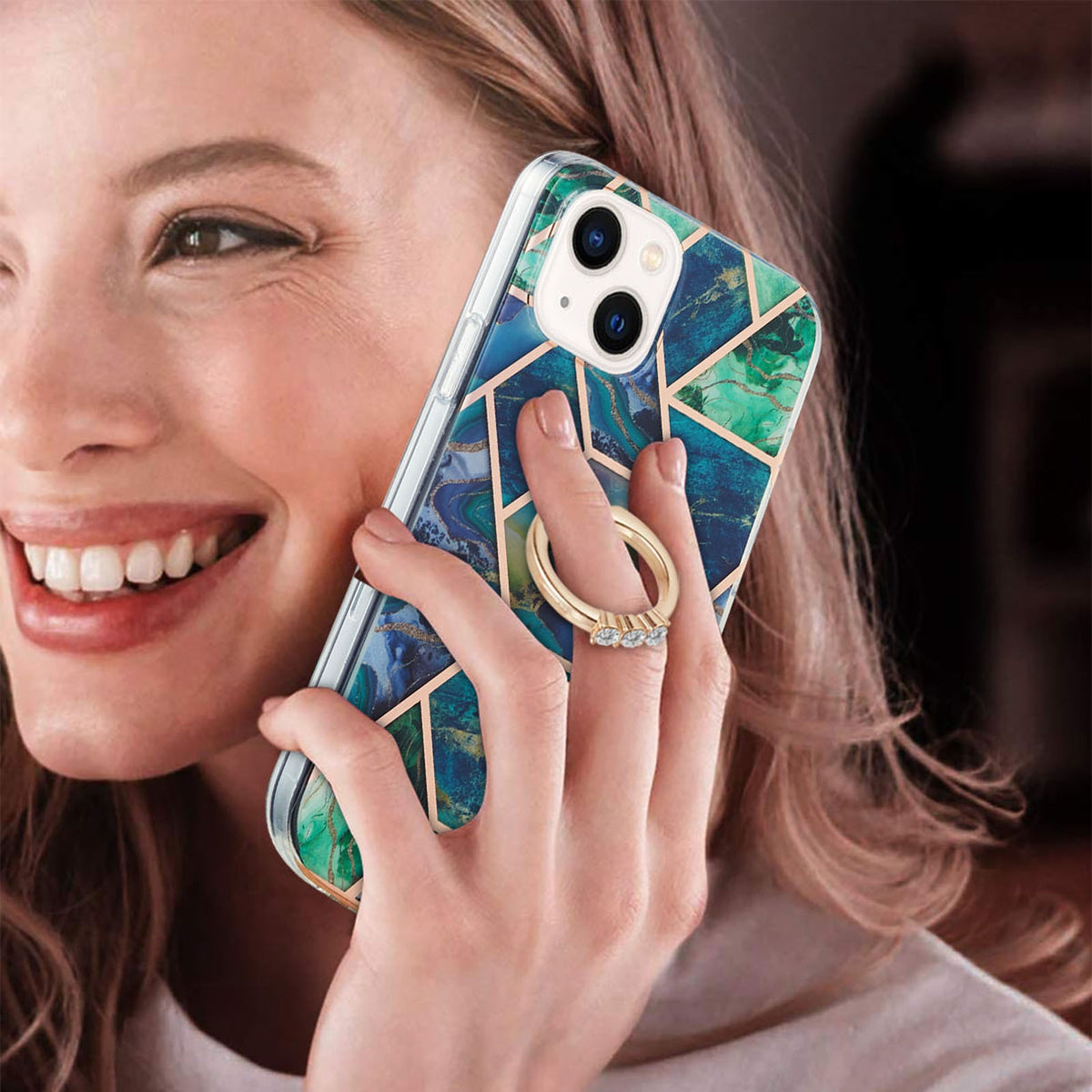 ELECTROPRIME For iPhone 15 Electroplating Splicing Marble Pattern IMD TPU Shockproof Case with Ring Holder(Blue Green)