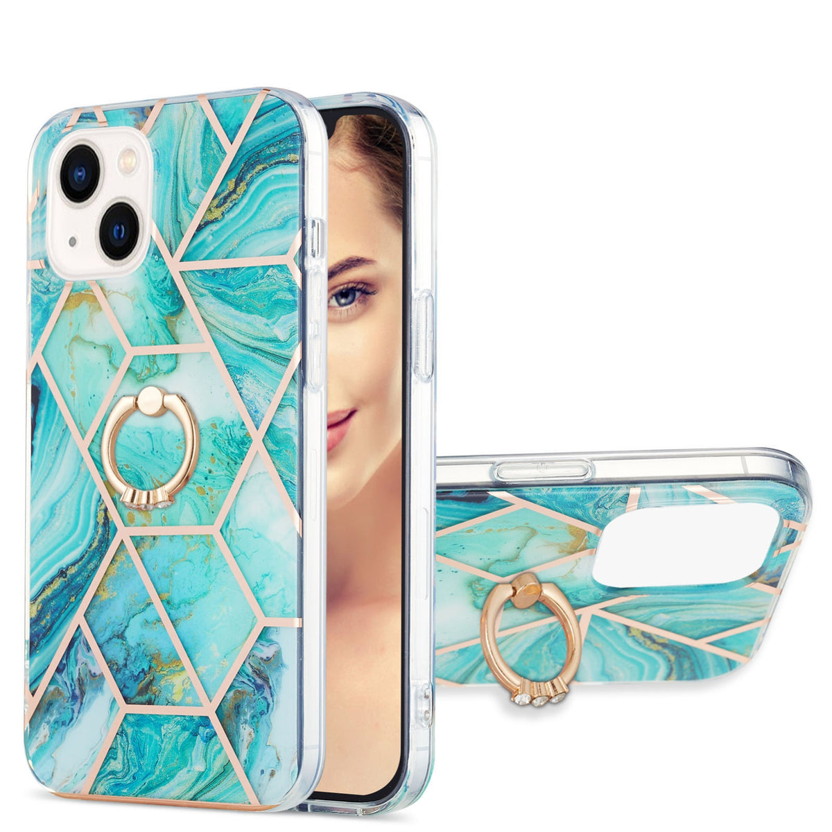 ELECTROPRIME For iPhone 15 Electroplating Splicing Marble Pattern IMD TPU Shockproof Case with Ring Holder(Blue)
