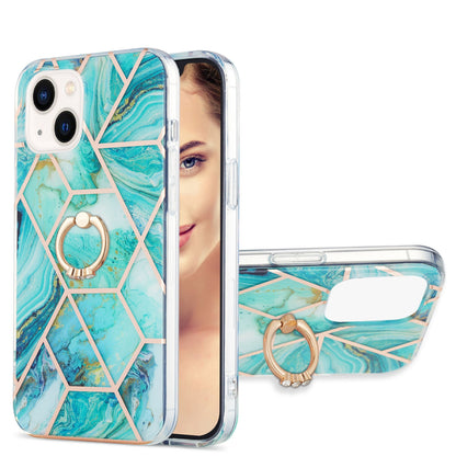 ELECTROPRIME For iPhone 15 Electroplating Splicing Marble Pattern IMD TPU Shockproof Case with Ring Holder(Blue)