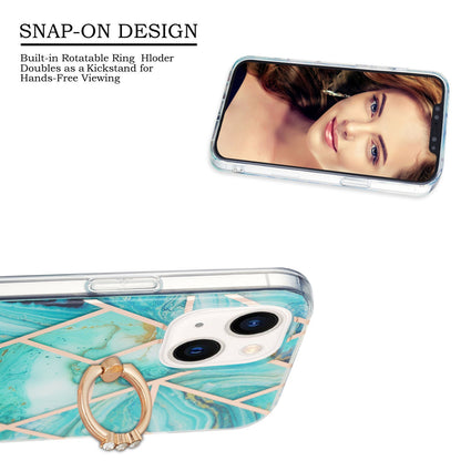 ELECTROPRIME For iPhone 15 Electroplating Splicing Marble Pattern IMD TPU Shockproof Case with Ring Holder(Blue)