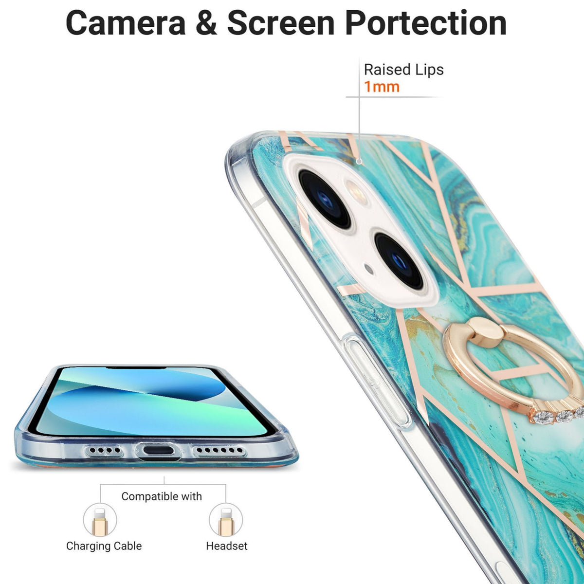 ELECTROPRIME For iPhone 15 Electroplating Splicing Marble Pattern IMD TPU Shockproof Case with Ring Holder(Blue)