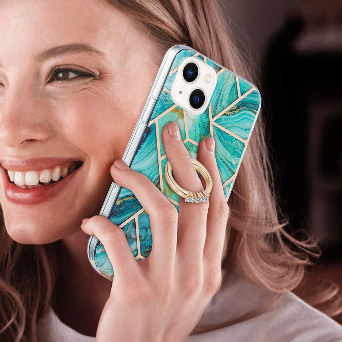 ELECTROPRIME For iPhone 15 Electroplating Splicing Marble Pattern IMD TPU Shockproof Case with Ring Holder(Blue)