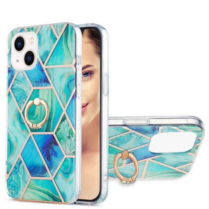 ELECTROPRIME For iPhone 15 Electroplating Splicing Marble Pattern IMD TPU Shockproof Case with Ring Holder(Green)