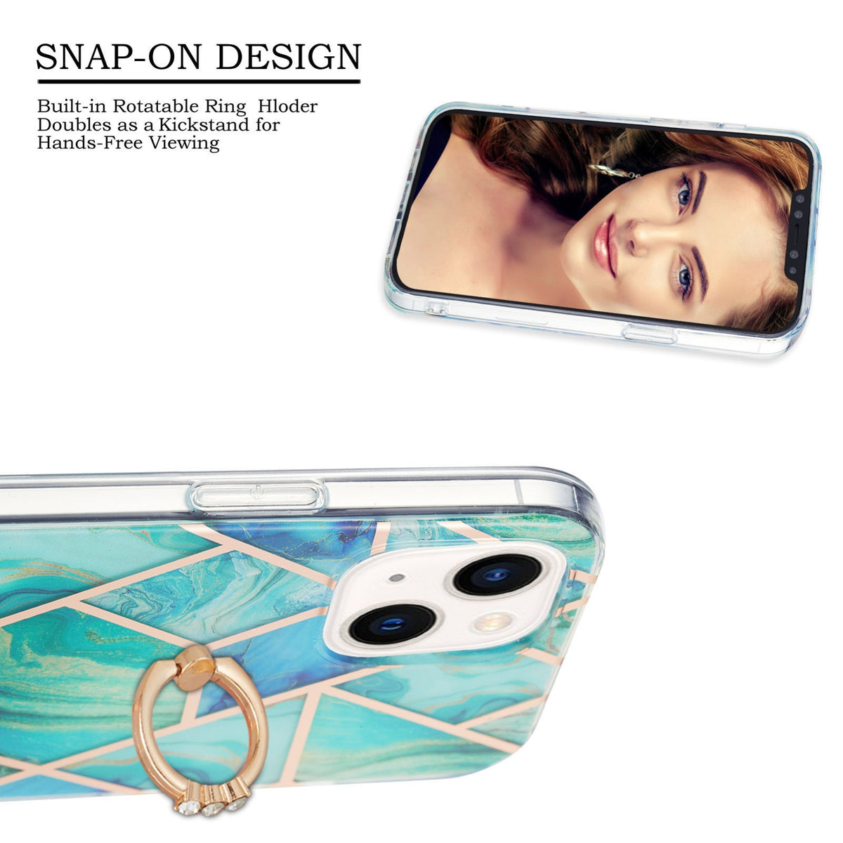 ELECTROPRIME For iPhone 15 Electroplating Splicing Marble Pattern IMD TPU Shockproof Case with Ring Holder(Green)