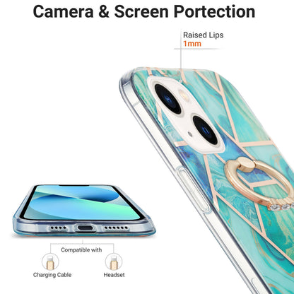 ELECTROPRIME For iPhone 15 Electroplating Splicing Marble Pattern IMD TPU Shockproof Case with Ring Holder(Green)