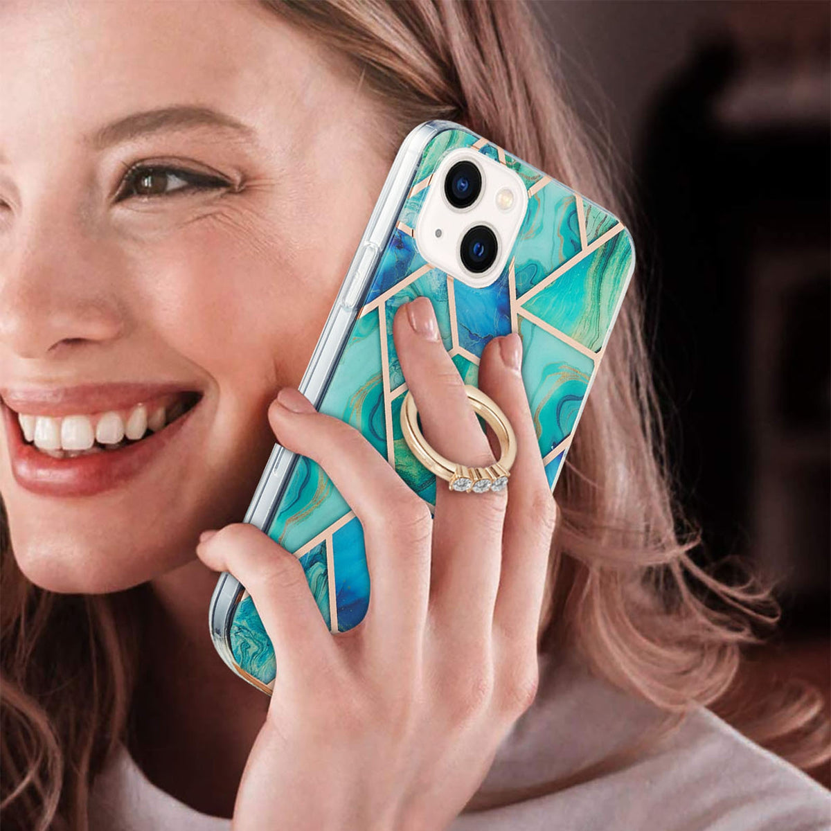 ELECTROPRIME For iPhone 15 Electroplating Splicing Marble Pattern IMD TPU Shockproof Case with Ring Holder(Green)