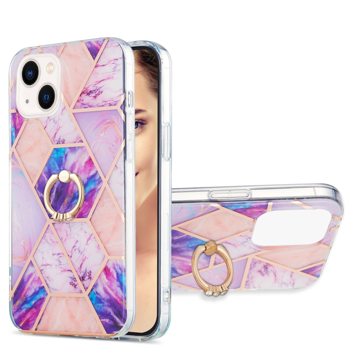 ELECTROPRIME For iPhone 15 Electroplating Splicing Marble Pattern IMD TPU Shockproof Case with Ring Holder(Light Purple)