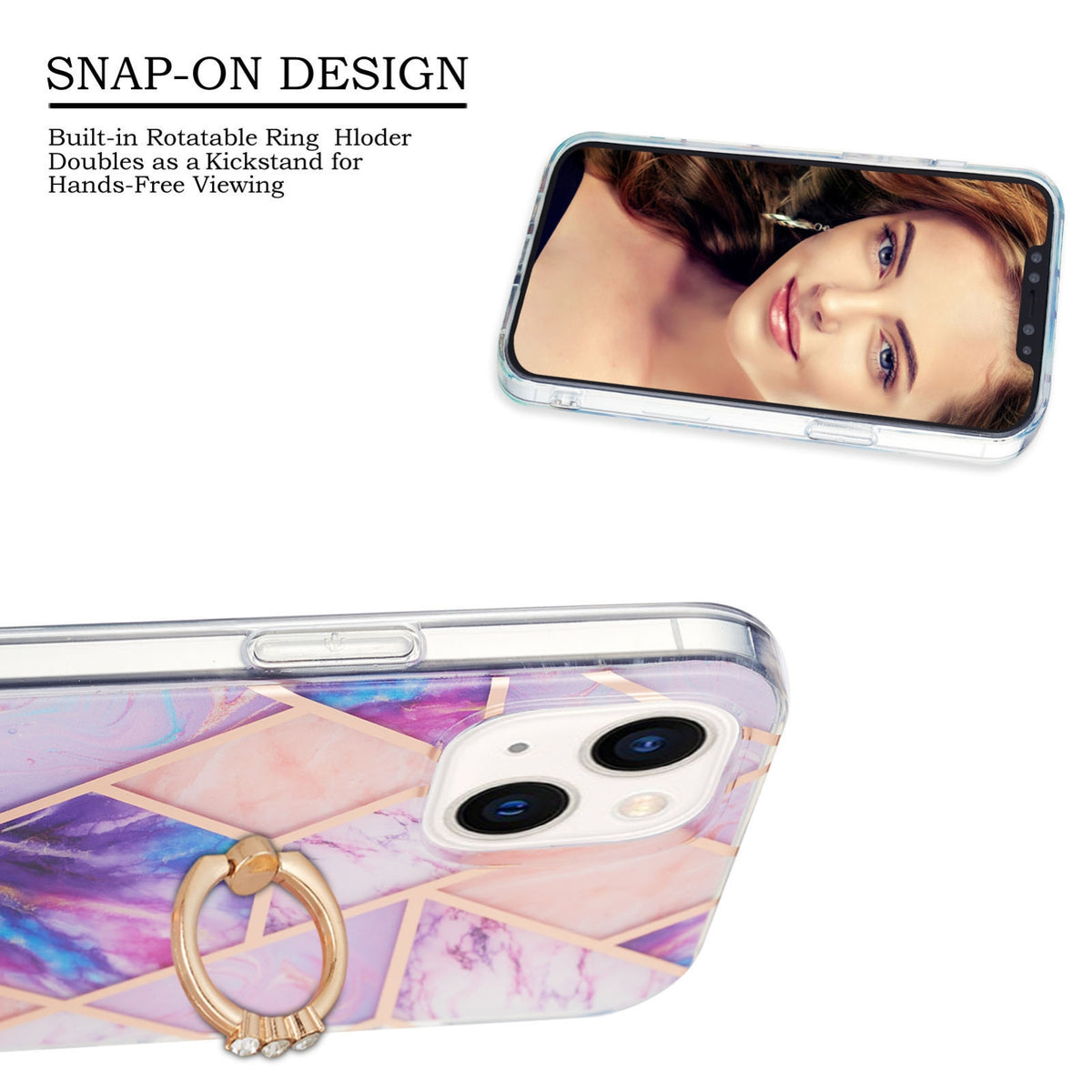 ELECTROPRIME For iPhone 15 Electroplating Splicing Marble Pattern IMD TPU Shockproof Case with Ring Holder(Light Purple)