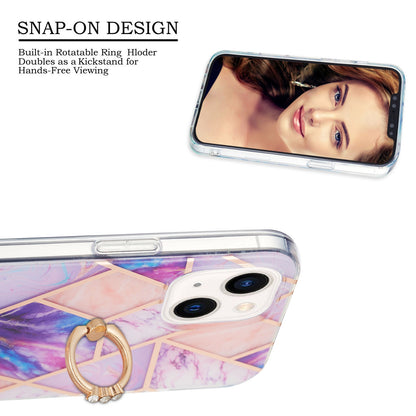 ELECTROPRIME For iPhone 15 Electroplating Splicing Marble Pattern IMD TPU Shockproof Case with Ring Holder(Light Purple)