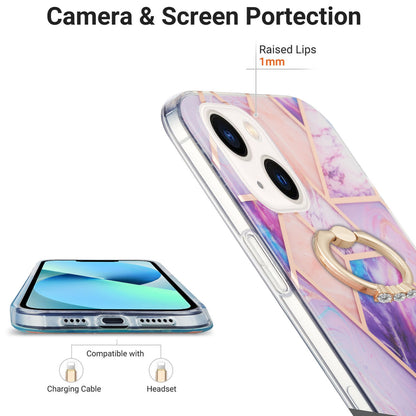 ELECTROPRIME For iPhone 15 Electroplating Splicing Marble Pattern IMD TPU Shockproof Case with Ring Holder(Light Purple)