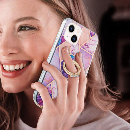 ELECTROPRIME For iPhone 15 Electroplating Splicing Marble Pattern IMD TPU Shockproof Case with Ring Holder(Light Purple)