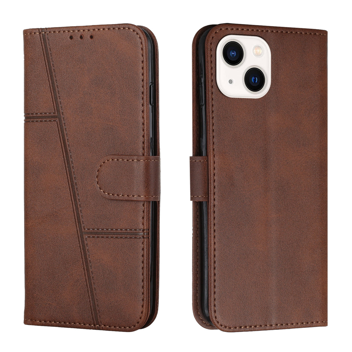 ELECTROPRIME For iPhone 15 Plus Stitching Calf Texture Buckle Leather Phone Case(Brown)