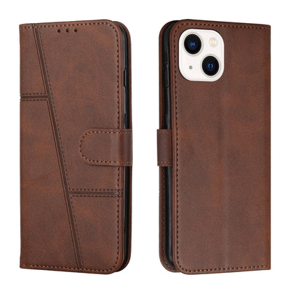 ELECTROPRIME For iPhone 15 Plus Stitching Calf Texture Buckle Leather Phone Case(Brown)