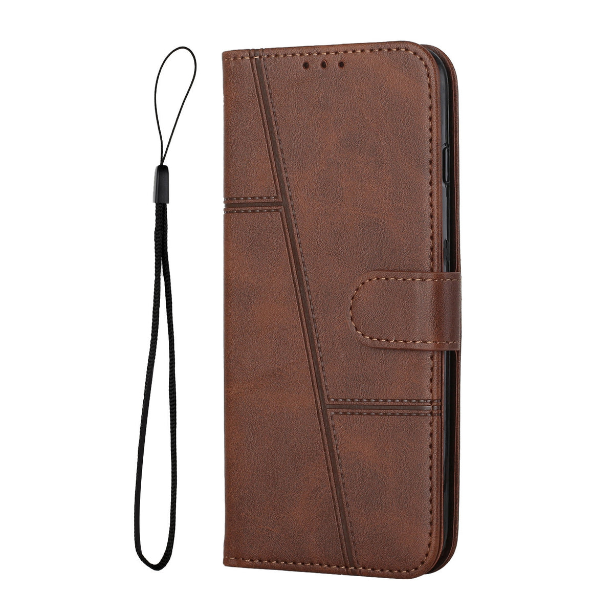 ELECTROPRIME For iPhone 15 Plus Stitching Calf Texture Buckle Leather Phone Case(Brown)