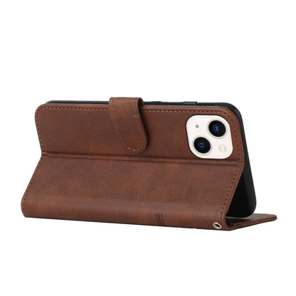 ELECTROPRIME For iPhone 15 Plus Stitching Calf Texture Buckle Leather Phone Case(Brown)