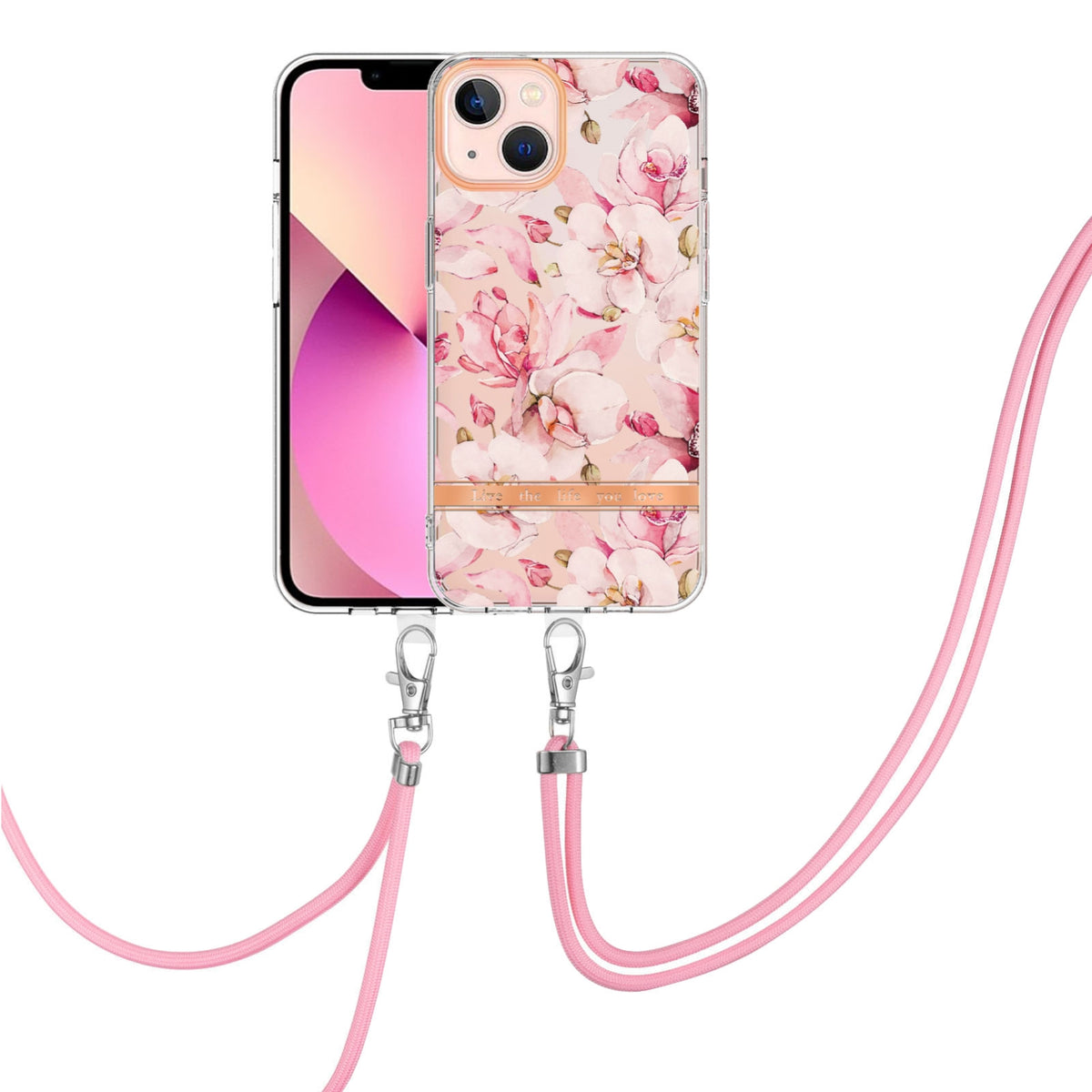ELECTROPRIME For iPhone 15 Flowers and Plants Series IMD TPU Phone Case with Lanyard(Pink Gardenia)