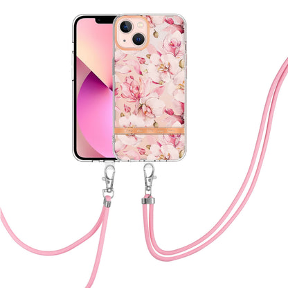 ELECTROPRIME For iPhone 15 Flowers and Plants Series IMD TPU Phone Case with Lanyard(Pink Gardenia)