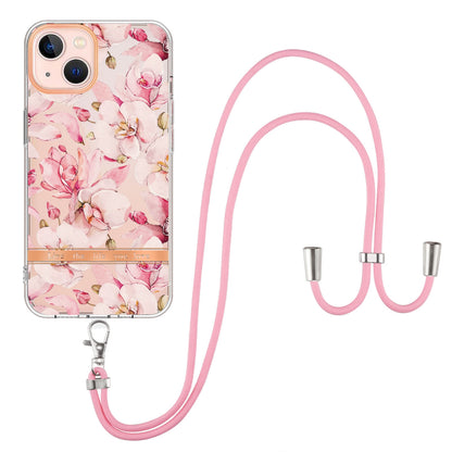 ELECTROPRIME For iPhone 15 Flowers and Plants Series IMD TPU Phone Case with Lanyard(Pink Gardenia)
