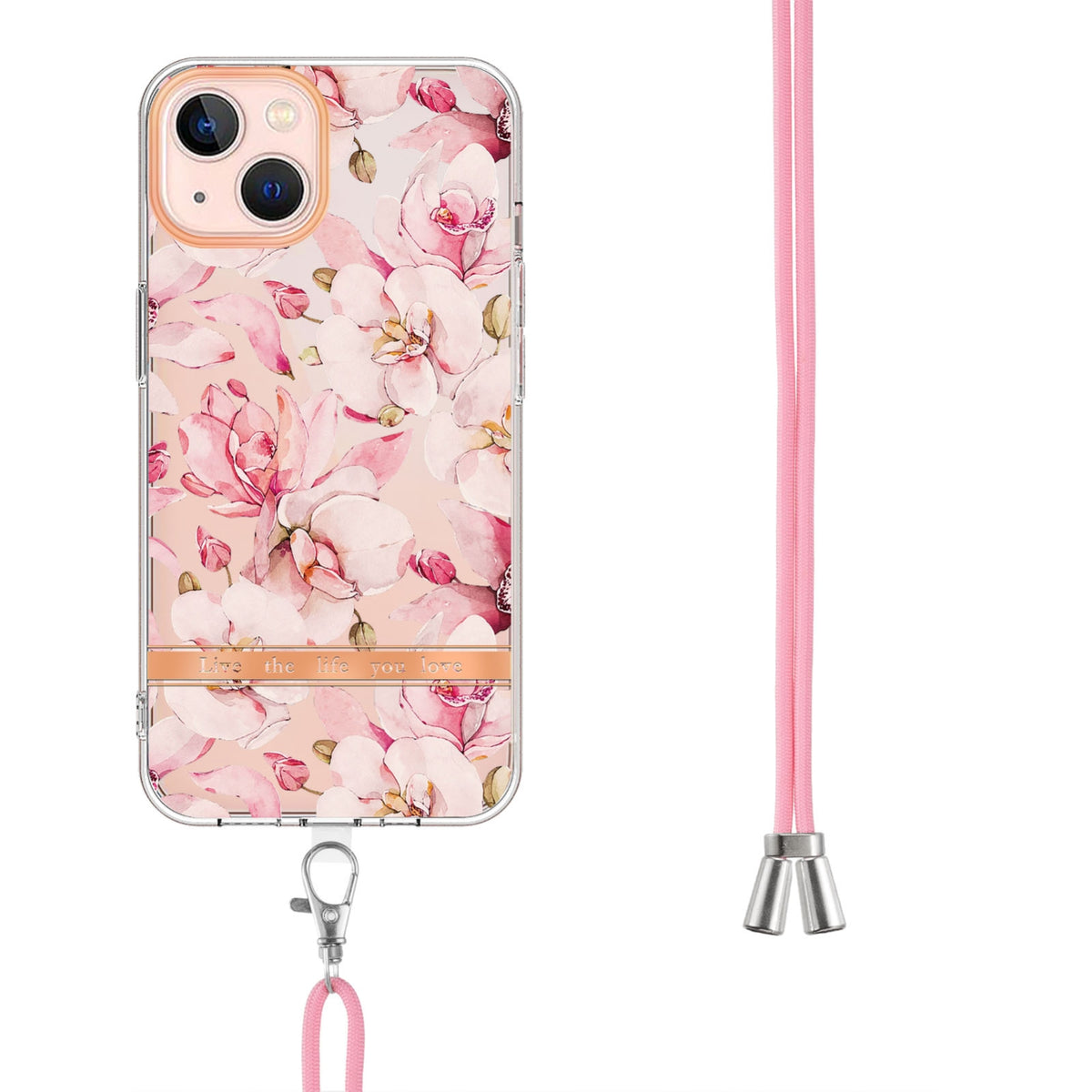 ELECTROPRIME For iPhone 15 Flowers and Plants Series IMD TPU Phone Case with Lanyard(Pink Gardenia)