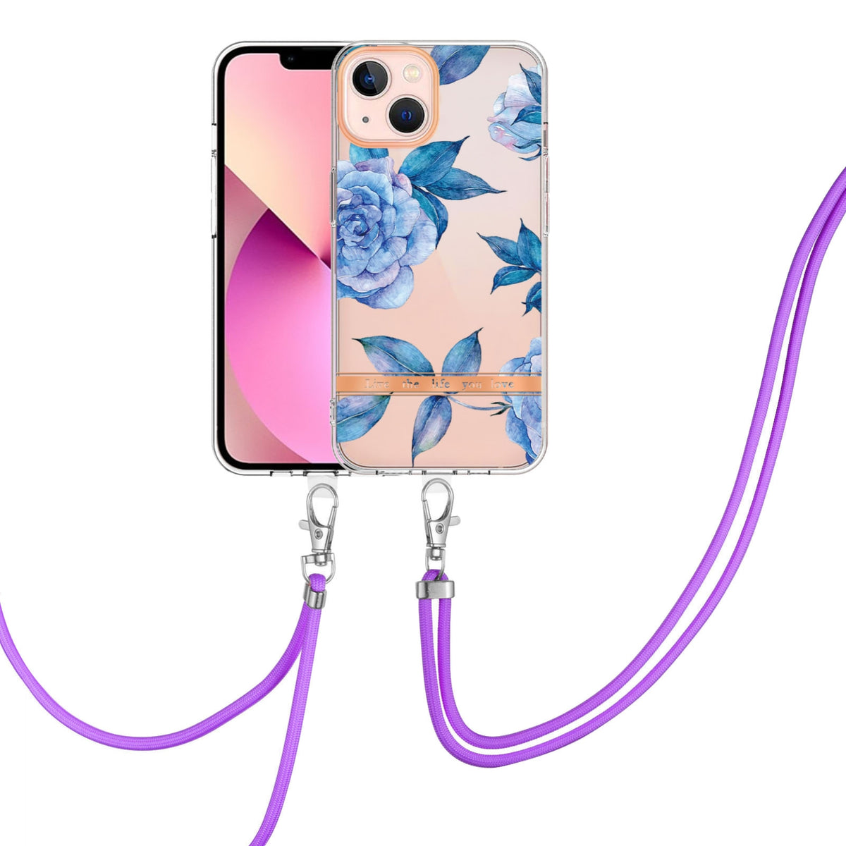 ELECTROPRIME For iPhone 15 Flowers and Plants Series IMD TPU Phone Case with Lanyard(Blue Peony)
