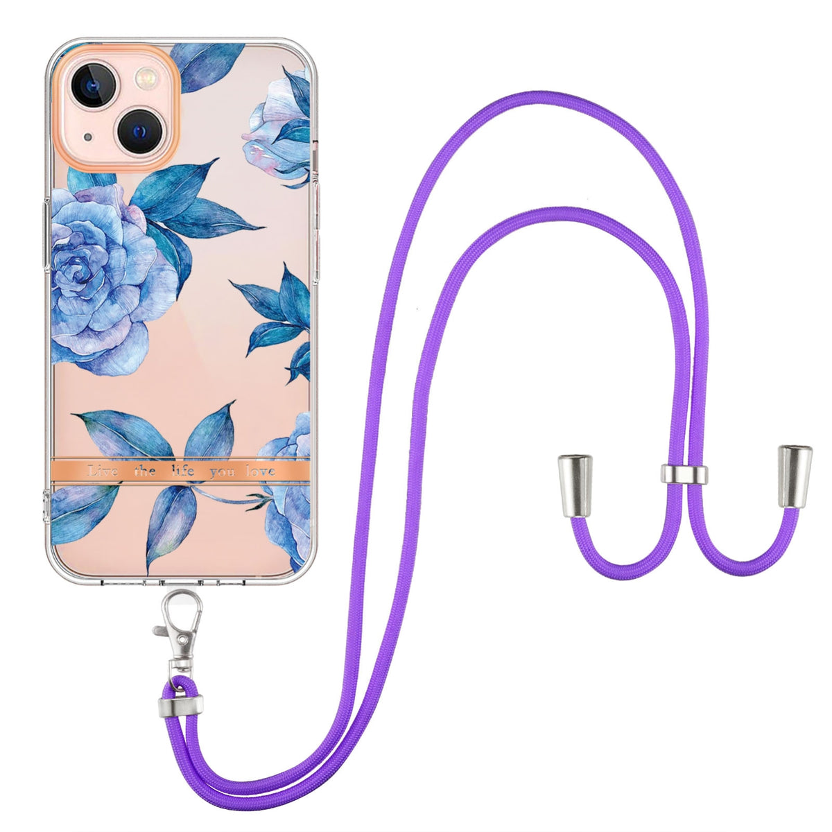 ELECTROPRIME For iPhone 15 Flowers and Plants Series IMD TPU Phone Case with Lanyard(Blue Peony)
