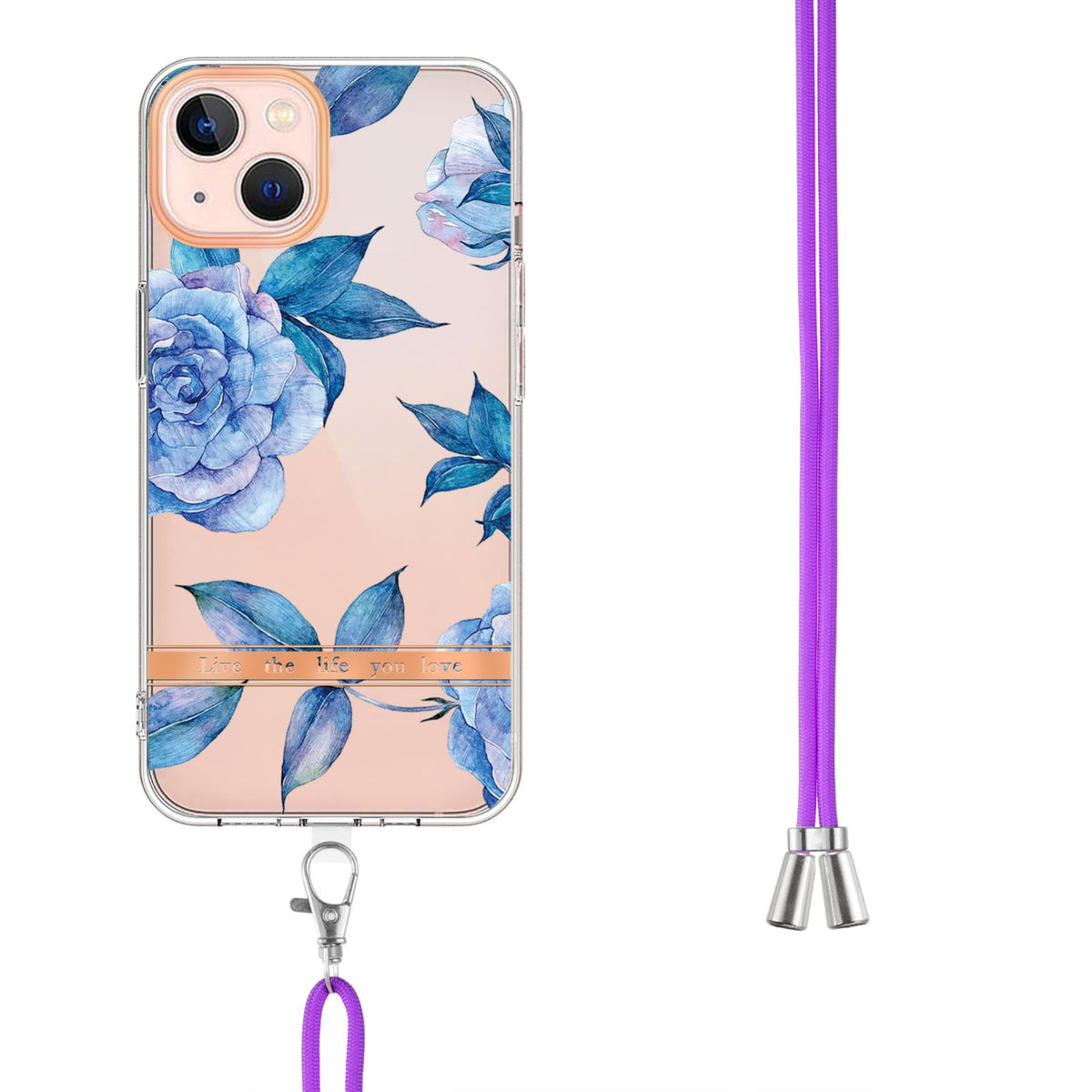 ELECTROPRIME For iPhone 15 Flowers and Plants Series IMD TPU Phone Case with Lanyard(Blue Peony)