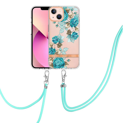 ELECTROPRIME For iPhone 15 Flowers and Plants Series IMD TPU Phone Case with Lanyard(Blue Rose)