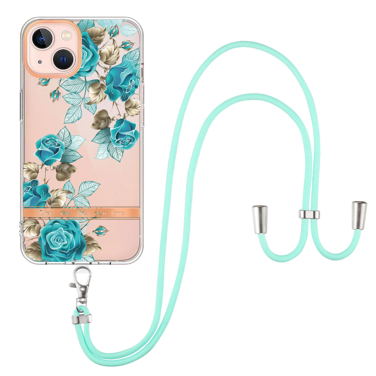 ELECTROPRIME For iPhone 15 Flowers and Plants Series IMD TPU Phone Case with Lanyard(Blue Rose)