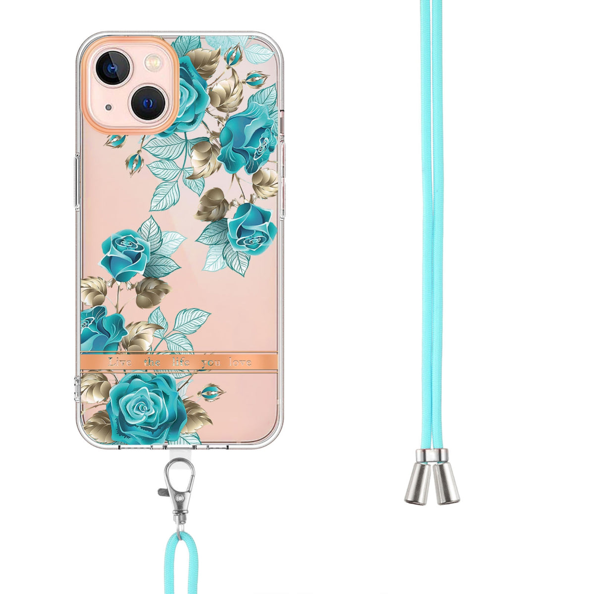 ELECTROPRIME For iPhone 15 Flowers and Plants Series IMD TPU Phone Case with Lanyard(Blue Rose)