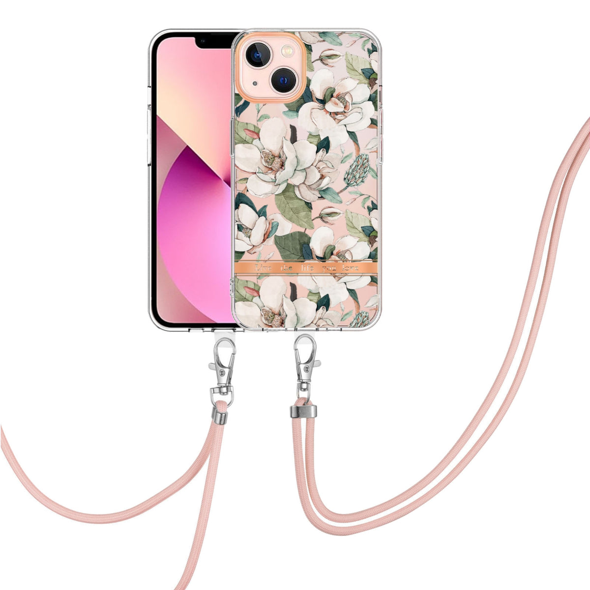 ELECTROPRIME For iPhone 15 Flowers and Plants Series IMD TPU Phone Case with Lanyard(Green Gardenia)