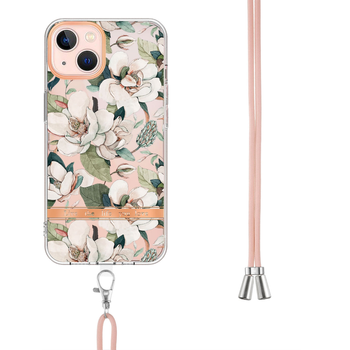 ELECTROPRIME For iPhone 15 Flowers and Plants Series IMD TPU Phone Case with Lanyard(Green Gardenia)