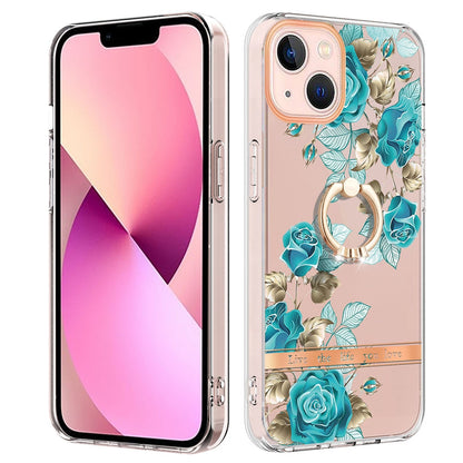 ELECTROPRIME For iPhone 15 Ring IMD Flowers TPU Phone Case(Blue Rose)