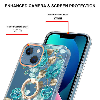 ELECTROPRIME For iPhone 15 Ring IMD Flowers TPU Phone Case(Blue Rose)