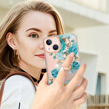 ELECTROPRIME For iPhone 15 Ring IMD Flowers TPU Phone Case(Blue Rose)