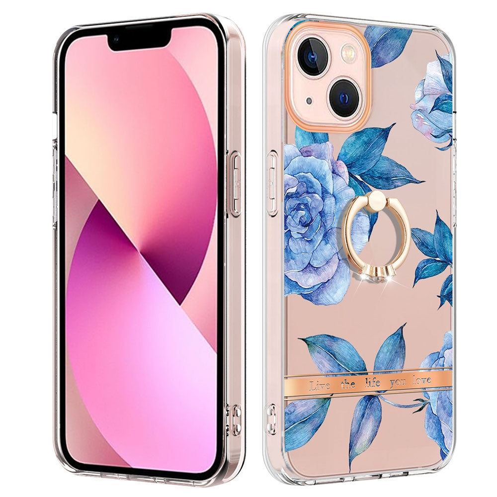 ELECTROPRIME For iPhone 15 Ring IMD Flowers TPU Phone Case(Blue Peony)