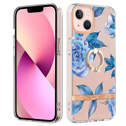 ELECTROPRIME For iPhone 15 Ring IMD Flowers TPU Phone Case(Blue Peony)
