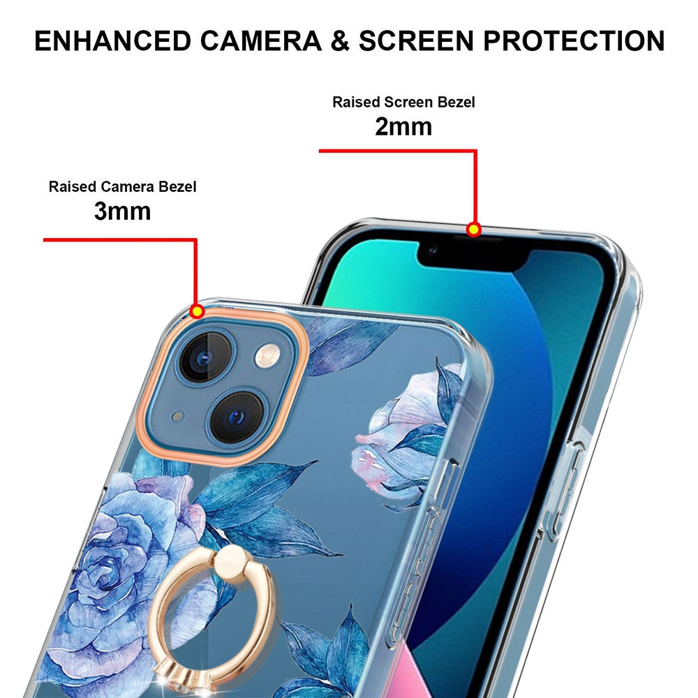ELECTROPRIME For iPhone 15 Ring IMD Flowers TPU Phone Case(Blue Peony)