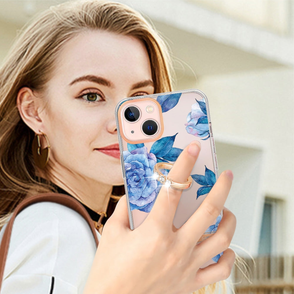 ELECTROPRIME For iPhone 15 Ring IMD Flowers TPU Phone Case(Blue Peony)