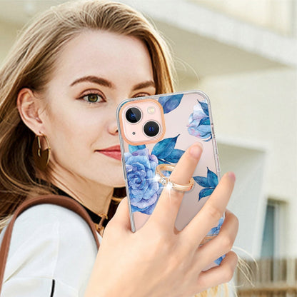 ELECTROPRIME For iPhone 15 Ring IMD Flowers TPU Phone Case(Blue Peony)