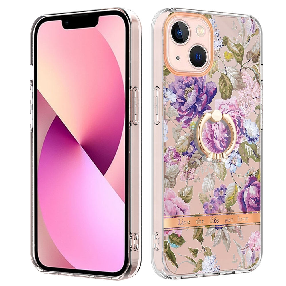 ELECTROPRIME For iPhone 15 Ring IMD Flowers TPU Phone Case(Purple Peony)