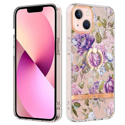 ELECTROPRIME For iPhone 15 Ring IMD Flowers TPU Phone Case(Purple Peony)