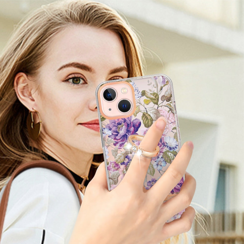 ELECTROPRIME For iPhone 15 Ring IMD Flowers TPU Phone Case(Purple Peony)