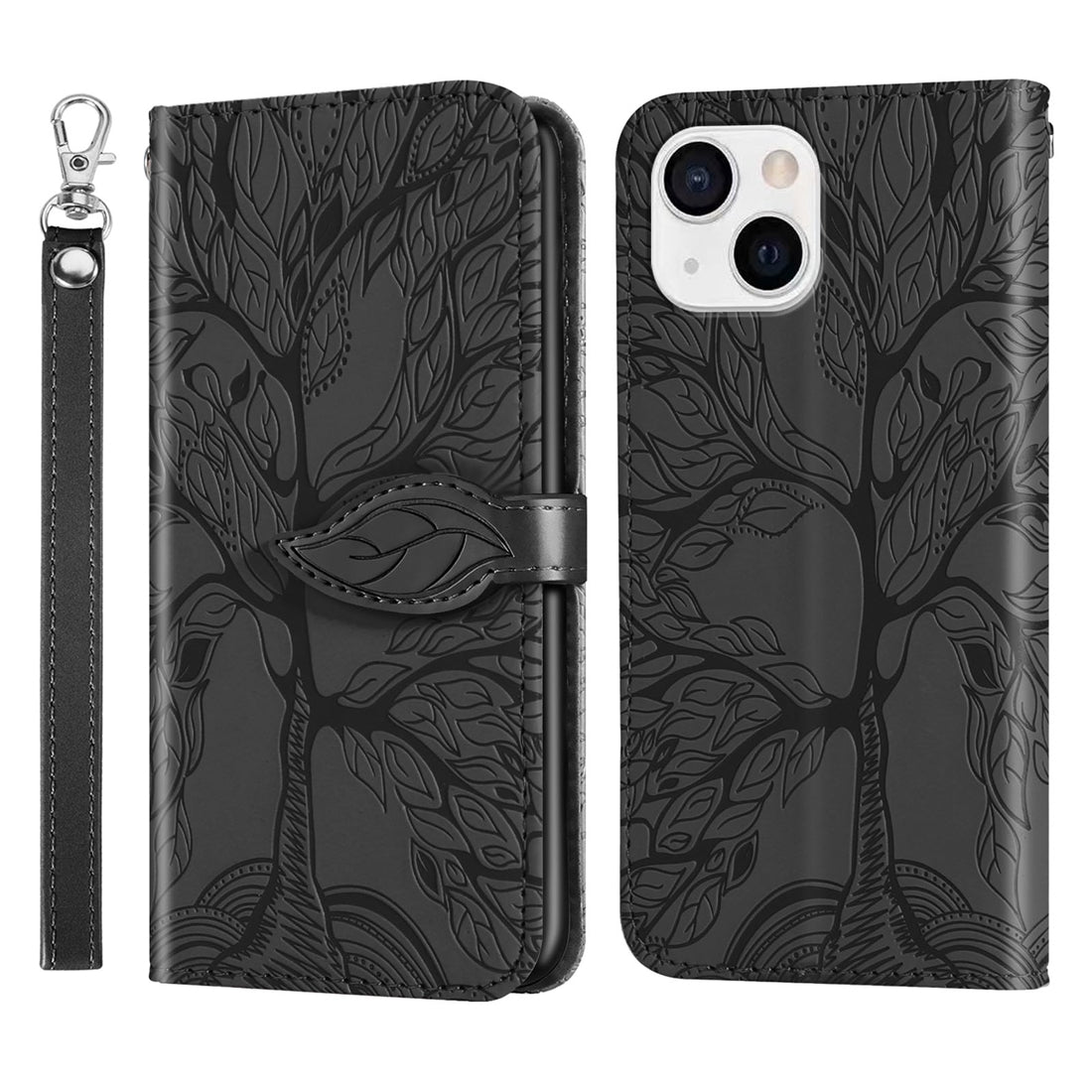 ELECTROPRIME For iPhone 15 Life Tree Embossing Pattern Leather Phone Case(Black)