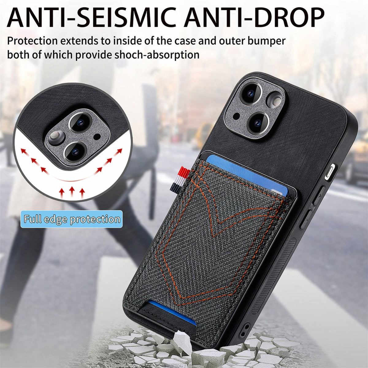 ELECTROPRIME For iPhone 15 Denim Texture Leather Skin Phone Case with Card Slot(Black)