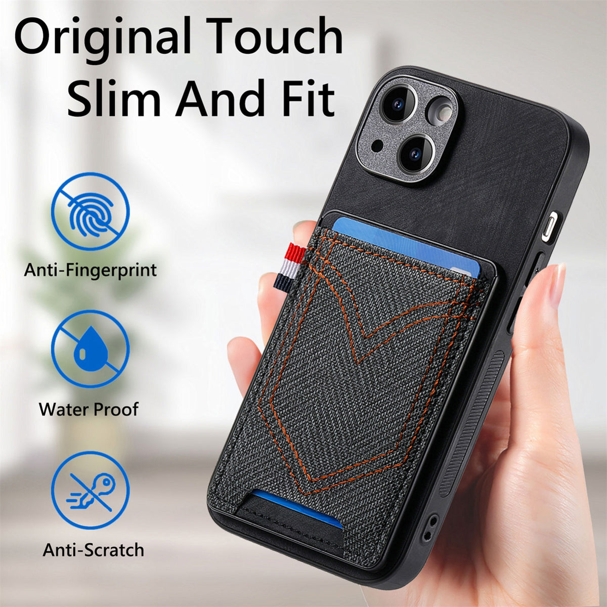 ELECTROPRIME For iPhone 15 Denim Texture Leather Skin Phone Case with Card Slot(Black)