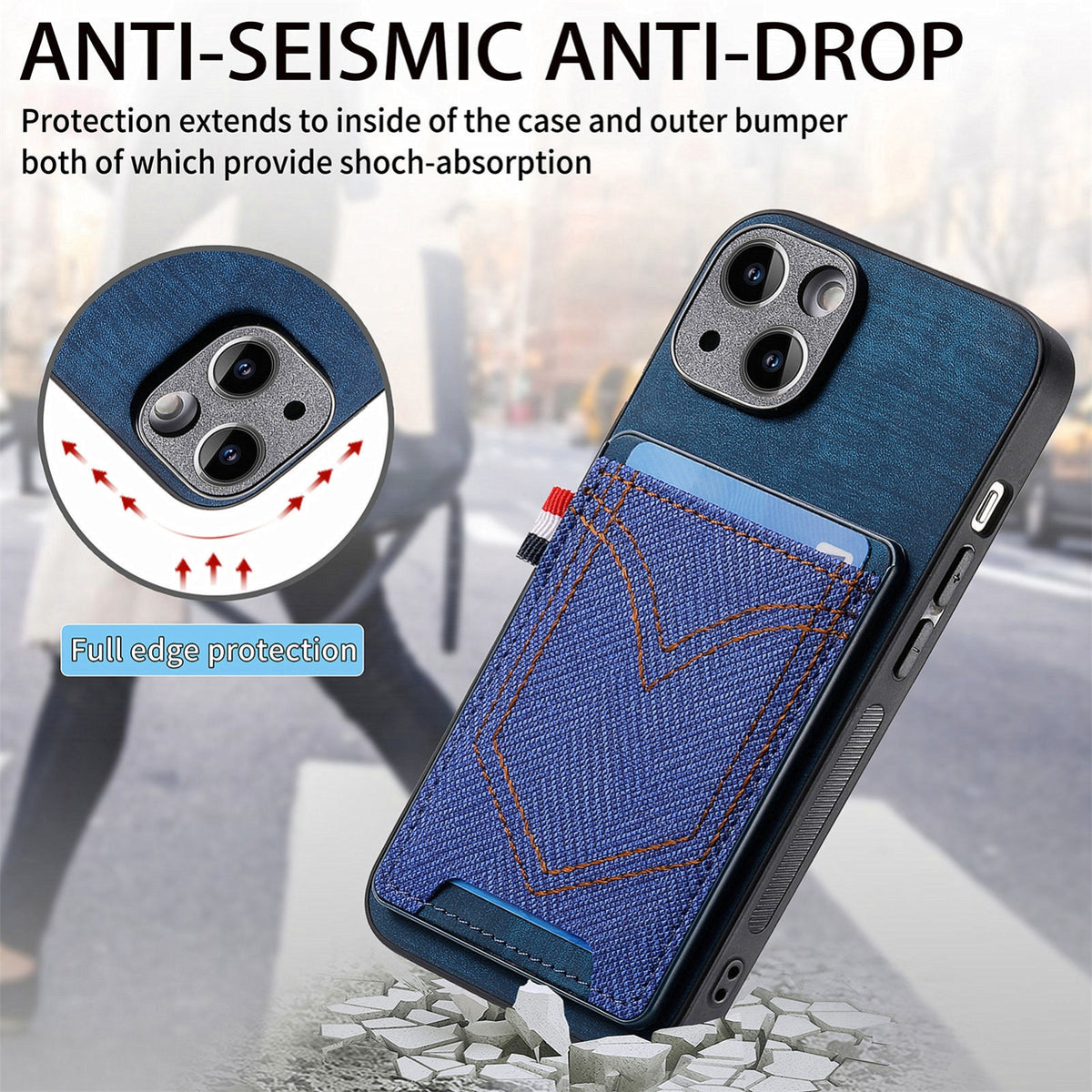 ELECTROPRIME For iPhone 15 Denim Texture Leather Skin Phone Case with Card Slot(Blue)