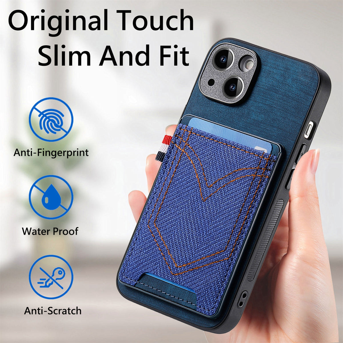 ELECTROPRIME For iPhone 15 Denim Texture Leather Skin Phone Case with Card Slot(Blue)